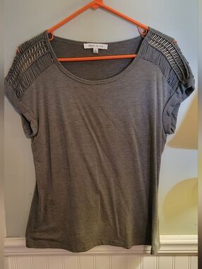 Womens Small Rose & Olive Green Short Sleeve Top with Beeded Shoulder Detail